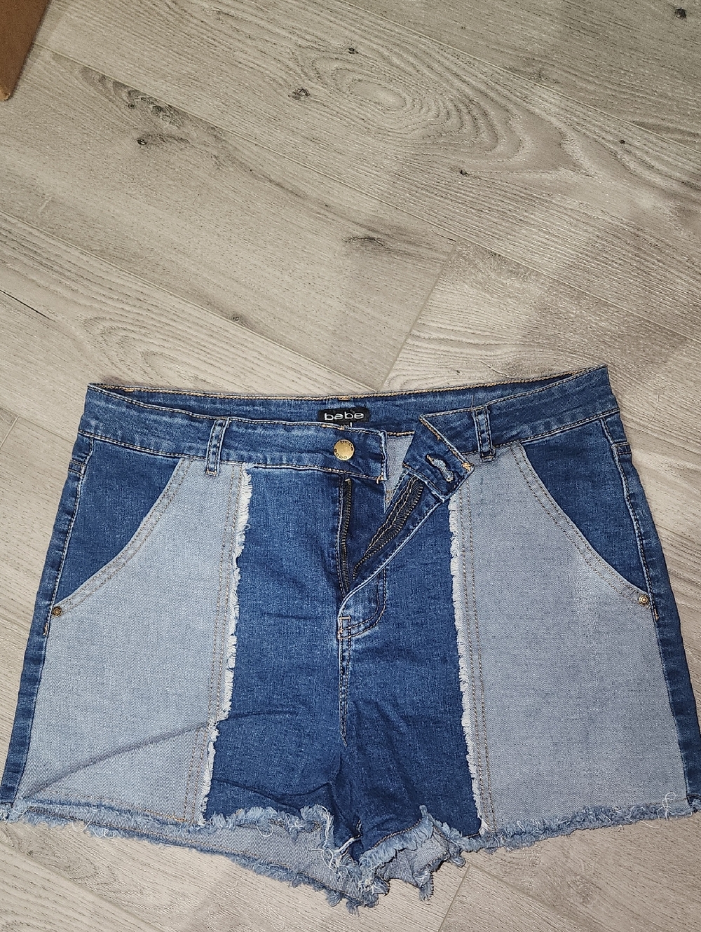 bebe Two-Tone Blue Denim Patch Shorts